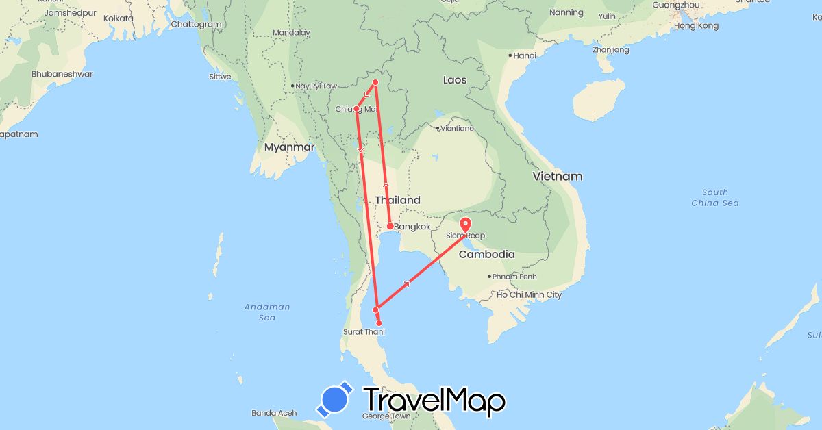 TravelMap itinerary: driving, hiking in Cambodia, Thailand (Asia)